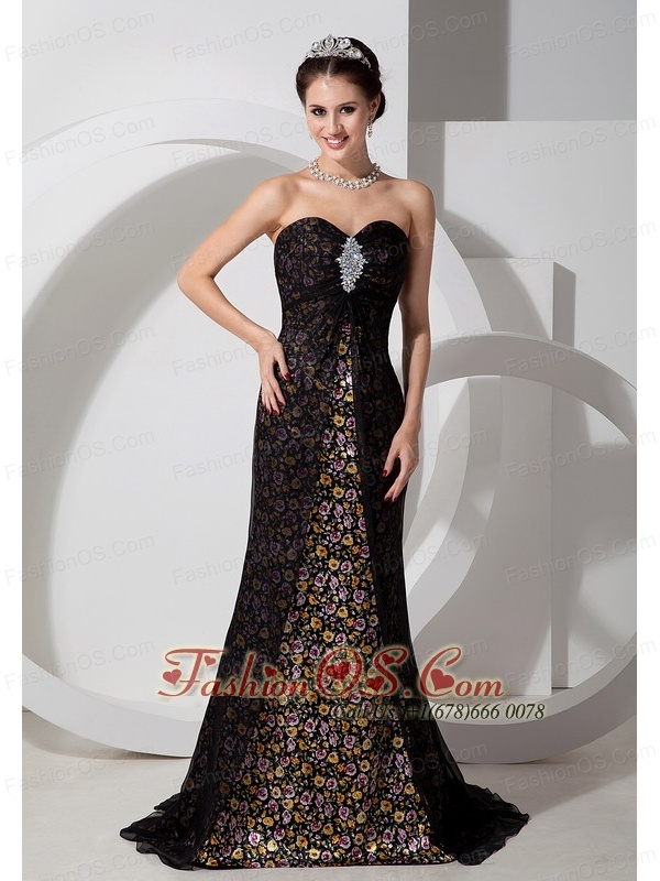 Beautiful Black Column Sweetheart Print Prom Dress Chifffon with Beading