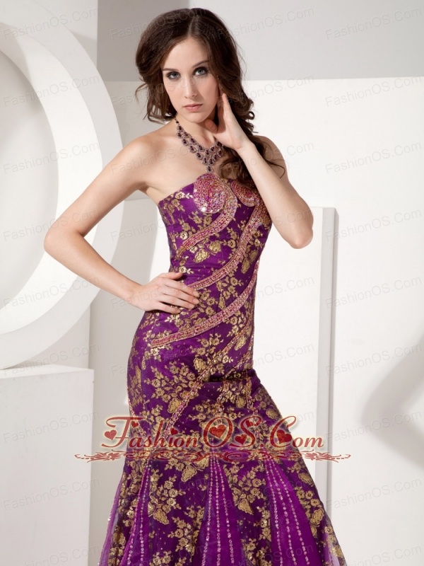 Customize Purple and Gold Trumpet  Mermaid Evening Dress Strapless ...