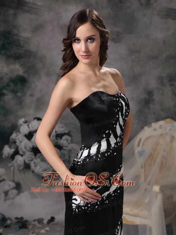 Luxurious Black Column Prom Dress Strapless Brush Train Satin and Zebra Beading