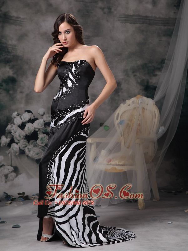 Luxurious Black Column Prom Dress Strapless Brush Train Satin and Zebra Beading