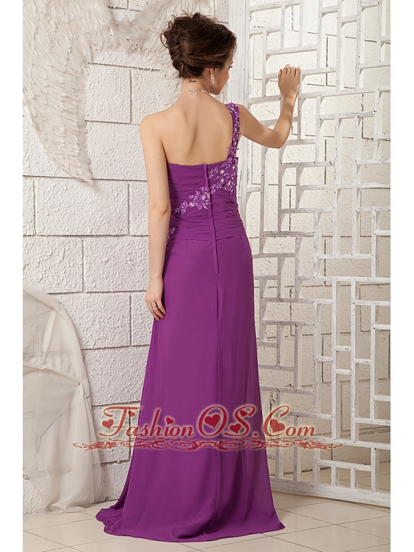 2013 Bright Purple Mother Of The Bride Dress Column One Shoulder Chiffon Appliques Brush Train