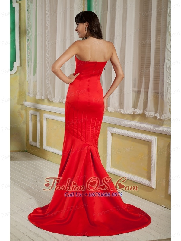 2013 Red Mother Of The Bride Dress Mermaid Strapless Satin Brush Train