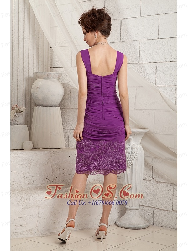 Cheap Eggplant Purple Mother Of The Bride Dress Column V-neck Knee-length Chiffon Appliques