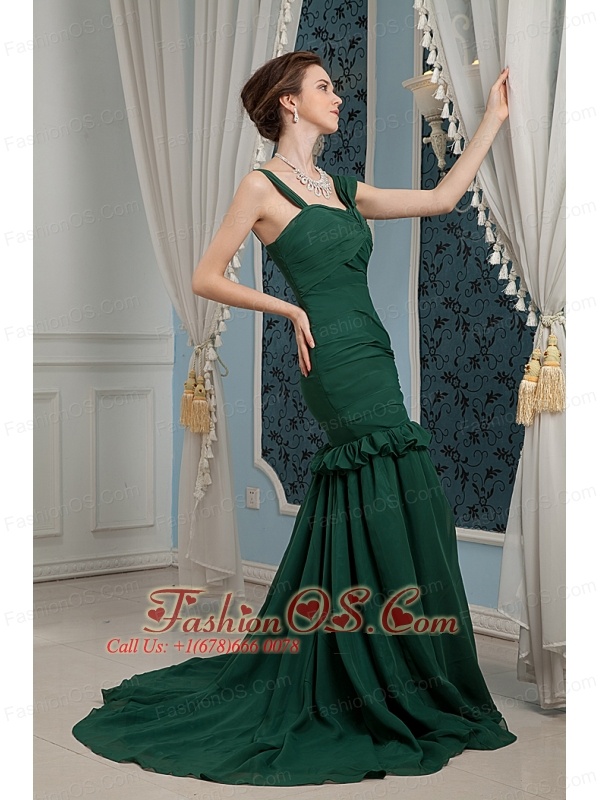 Dark Green Mother Of Bride Dress For 2013 Mermaid Straps Brush Train Chiffon Ruch