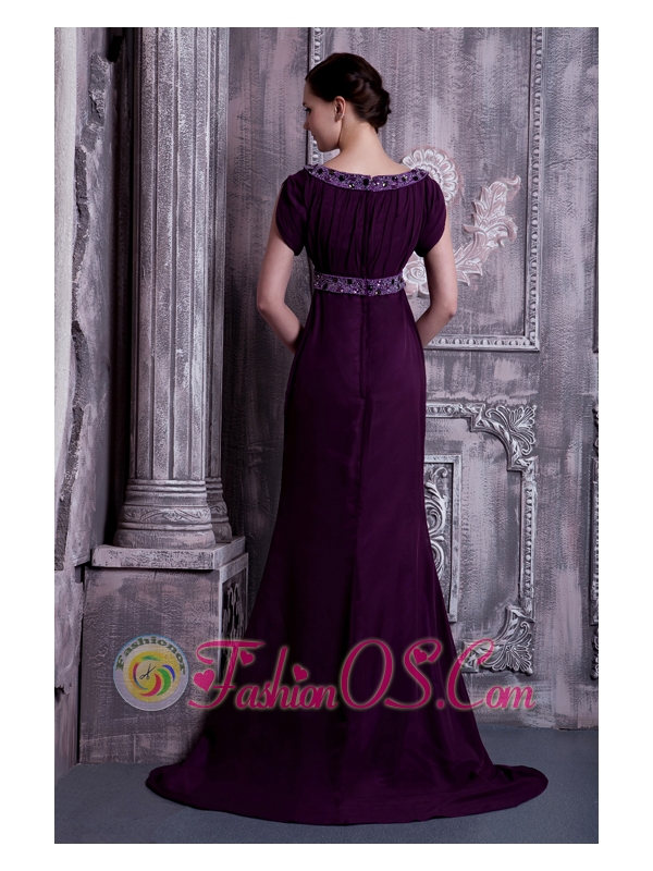 Elegant Dark Purple Mother Of The Bride Dress Column Bateau Chiffon Beading Brush Train