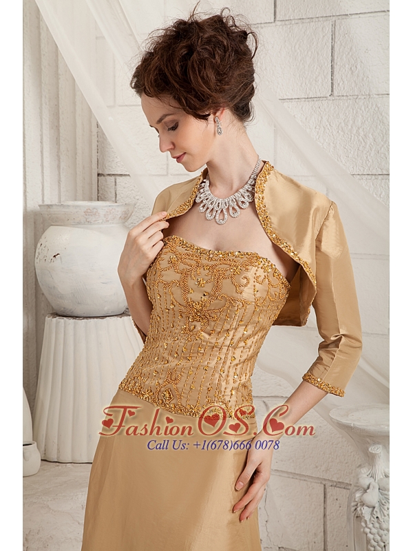 Gold Customize Mother Of The Bride Dress Column One Shoulder Satin Beading Brush Train