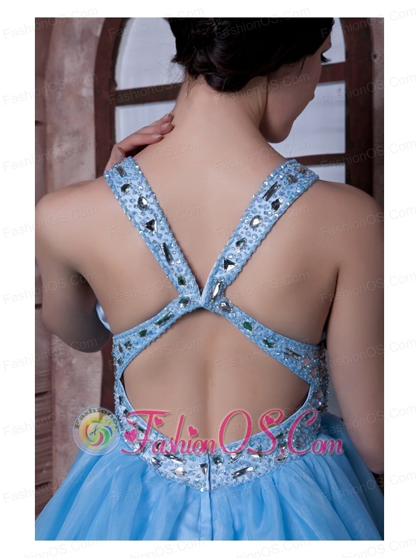 Sweet Aqua Blue A-line V-neck Prom / Homecoming Dress Organza Beading Mini-length