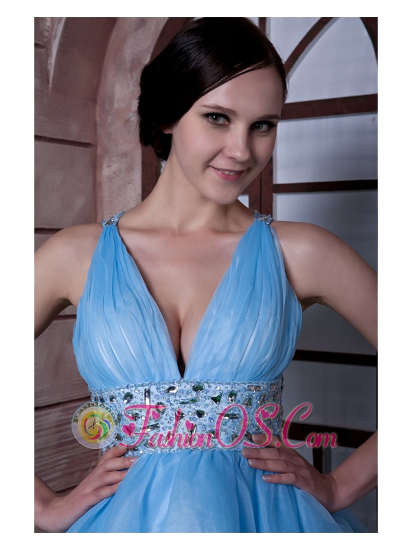 Sweet Aqua Blue A-line V-neck Prom / Homecoming Dress Organza Beading Mini-length