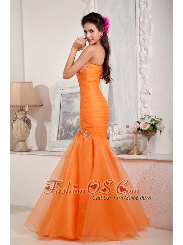 Fashionable Orange Prom Dress Mermaid Sweetheart Organza Beading Floor-length