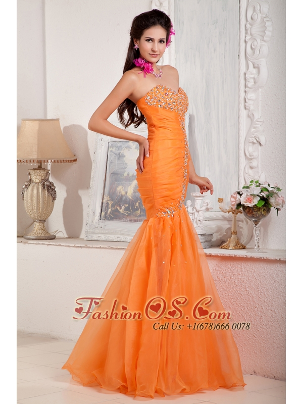 Fashionable Orange Prom Dress Mermaid Sweetheart Organza Beading Floor-length