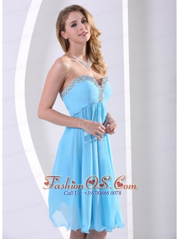 Aqua Blue Chiffon Sweetheart Beaded 2013 Modest Dress A-line Knee-length