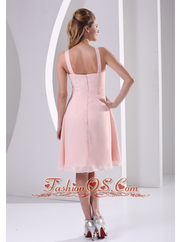 Baby Pink Straps V-neck Empire Knee-length Short Bridesmaid Dress With Beading Chiffon