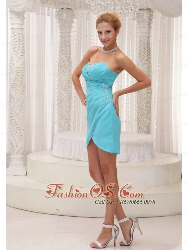 Beaded Decorate Bust Aqua Blue Prom / Homecoming Dress For 2013 Column Mini-length Gown