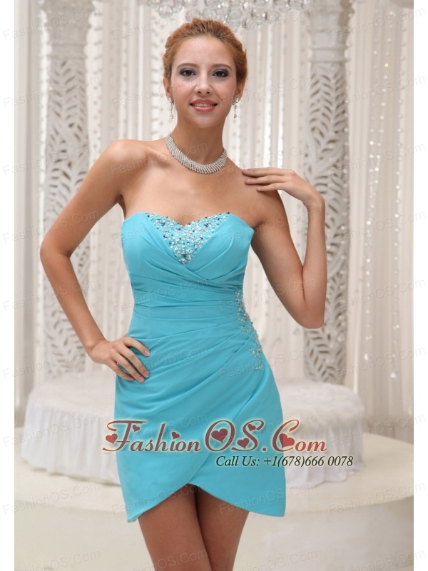 Beaded Decorate Bust Aqua Blue Prom / Homecoming Dress For 2013 Column Mini-length Gown