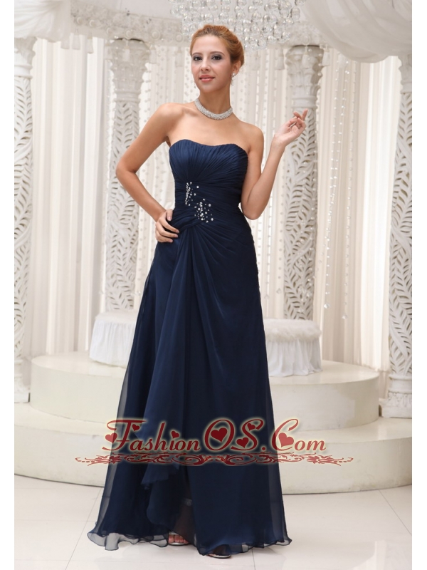 Modest Strapless Navy Blue Chiffon For Bridesmaid Dress Beaded Decorate Waist