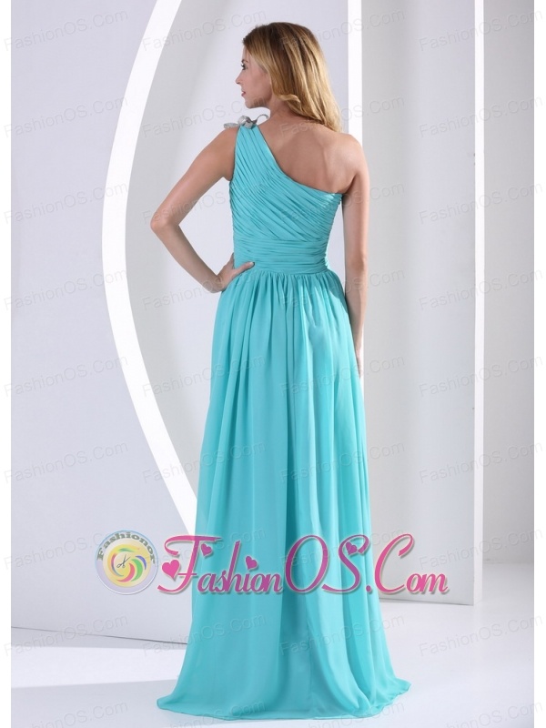 One Shoulder Ruched Bodice Aqua Blue Bridesmaid Dress For Wedding Party