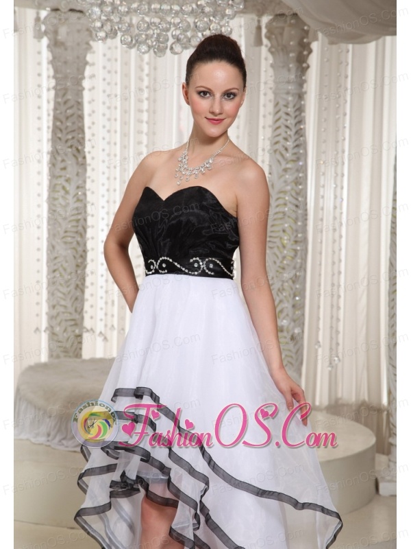 Black and White Organza High-low Sweetheart Homecoming Dress Belt Beading Decorate