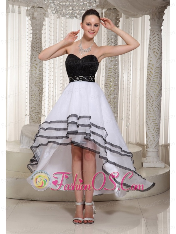 Black and White Organza High-low Sweetheart Homecoming Dress Belt Beading Decorate