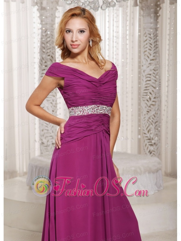 Fuchsia Off The Shoulder Ruched Bodice and Beading Customize Mother Of The Bride Dress For Spring
