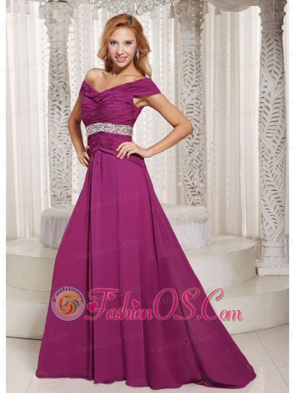 Fuchsia Off The Shoulder Ruched Bodice and Beading Customize Mother Of The Bride Dress For Spring