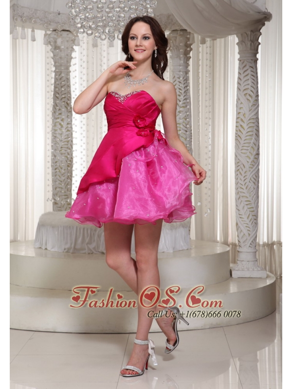 Hot Pink Organza Mini-length Sweetheart For Prom / Cocktail  Dress With Beading Decorate