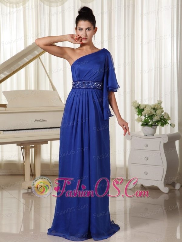 One Shoulder With 1/2-length Sleeve Beaded Decorate Waist Royal Blue Mother Of The Bride Dress