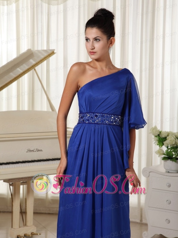 One Shoulder With 1/2-length Sleeve Beaded Decorate Waist Royal Blue Mother Of The Bride Dress
