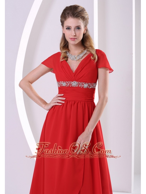 Red Beaded A-line V-neck Chiffon 2013 Mother Of The Bride Dress With Cap Sleeves Court Train