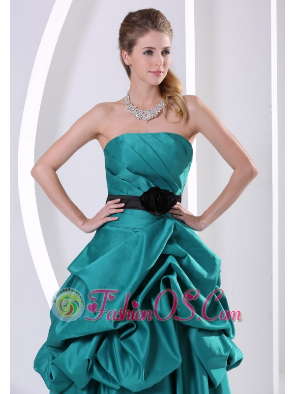 Turquoise A-line Hand Made Flower Belt and Ruch Mother Of The Bride Dress With Pick-ups