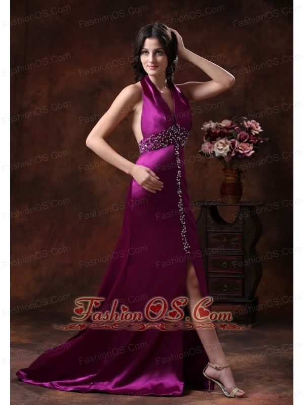 2013 New Style Hot In Willcox Arizona High Slit Prom Dress With Fushsia Haler Brush Train Beaded Decorate On Satin