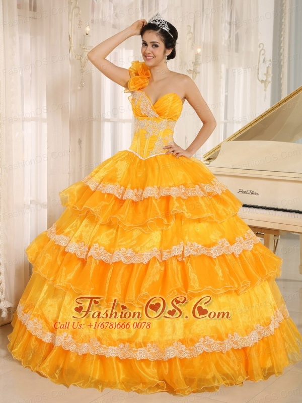 Hand Made Flowers Decorate One Shoulder Appliques and Ruffled Layers For 2013 Quinceanera In Antioch California