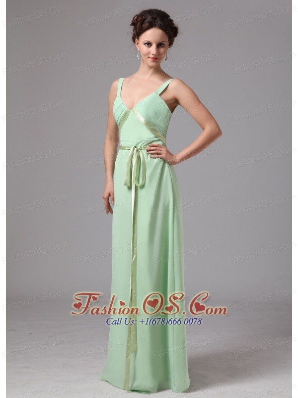 Apple Green Sash V-neck Straps Chiffon Mother Of The Bride Dress For Custom Made In Bainbridge Georgia