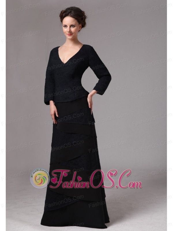Black V-neck Layers 3/4 Length Sleeves 2013 Mother Of The Bride Dress In Dunwoody Georgia