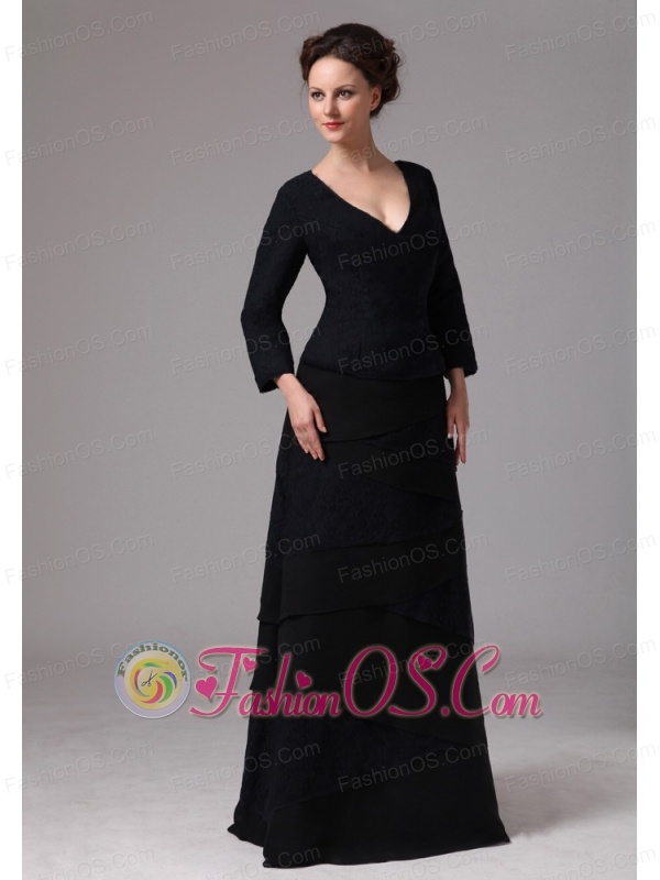 Black V-neck Layers 3/4 Length Sleeves 2013 Mother Of The Bride Dress In Dunwoody Georgia