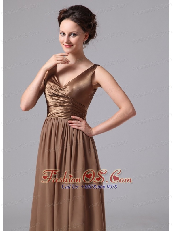 Brown V-neck Mother Of The Bride Dress For Custom Made Satin and Chiffon In Blairsville Georgia