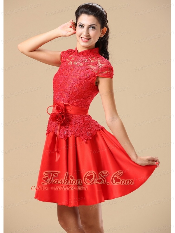 High-neck Red Mother Of The Bride Dress With Sash Lace and Taffeta In Juneau