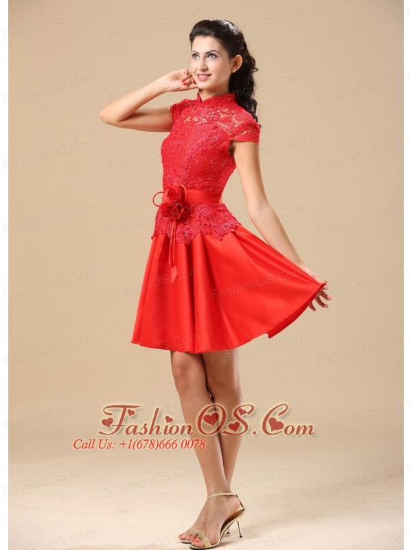 High-neck Red Mother Of The Bride Dress With Sash Lace and Taffeta In Juneau