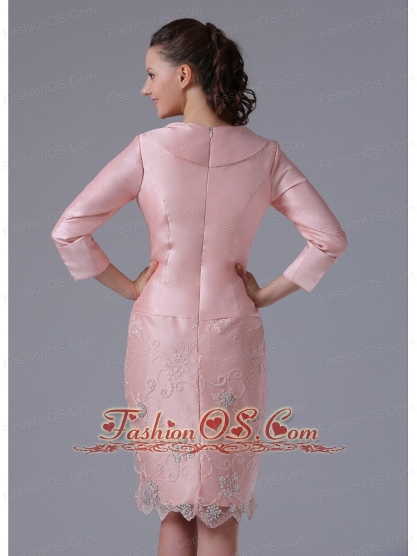 Mdest Baby Pink Long Sleeves Mother Of The Bride Dress With Hand Made Flowers Knee-length