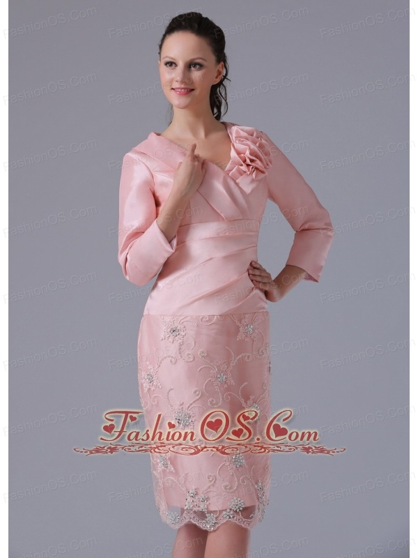 Mdest Baby Pink Long Sleeves Mother Of The Bride Dress With Hand Made Flowers Knee-length