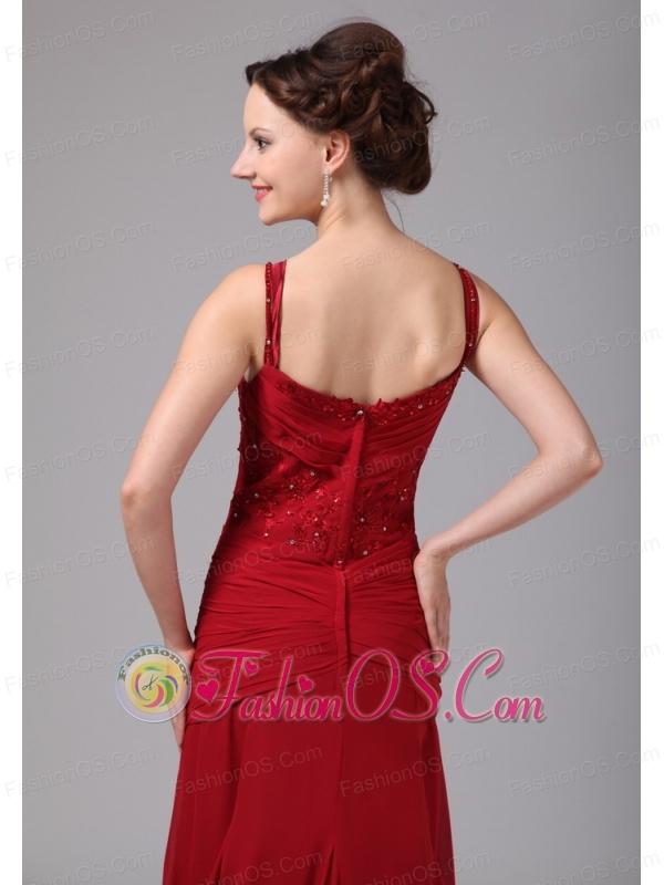 Wine Red Spaghetti Straps Mother Of The Bride Dress With Appliques and Beading Brush Train For Custom Made In Cleveland Georgia
