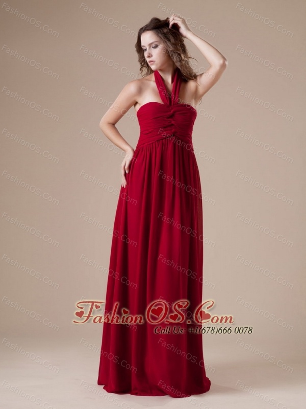 Beautiful Red Bridesmaid Dress With Halter Neckline Ruch Decorate