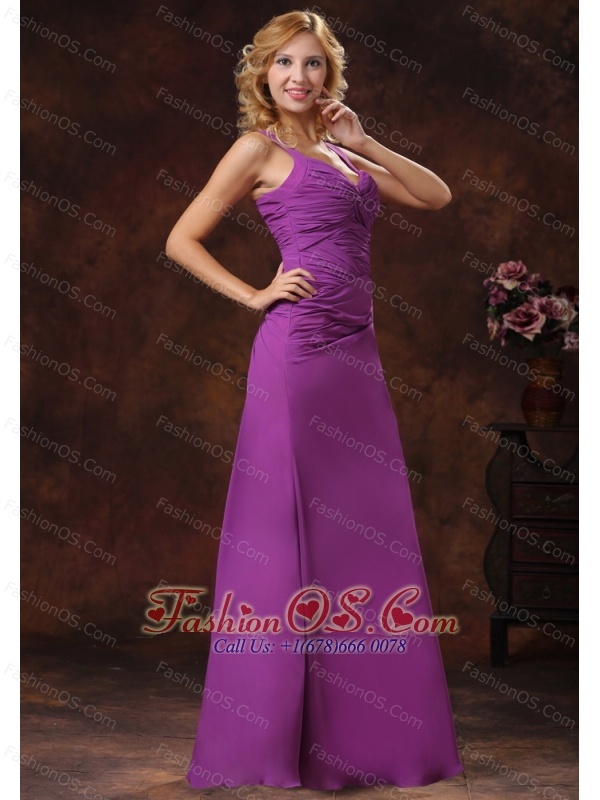 Purple Straps Ruched Bodice Discount Bridesmaid Dress Floor-length