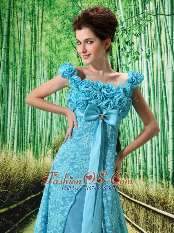 Aqua Blue Flowers Decorate Mother of the Bride Dress With Lace Sequare Neckline