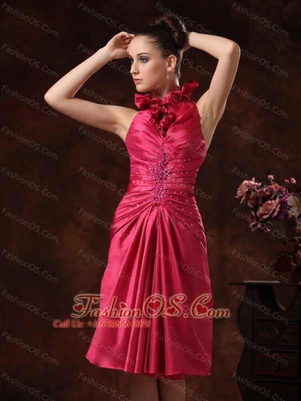 Beaded and Ruched For Hot Pink Halter Prom Dress Knee-length
