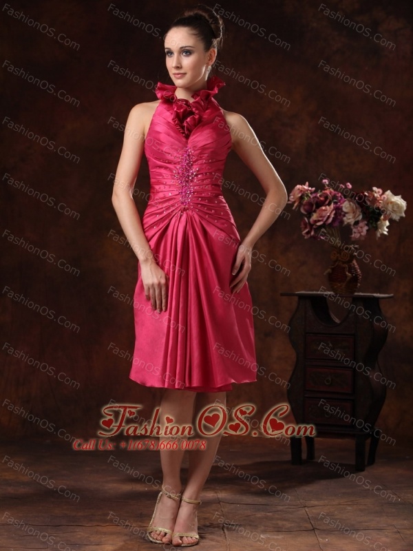 Beaded and Ruched For Hot Pink Halter Prom Dress Knee-length