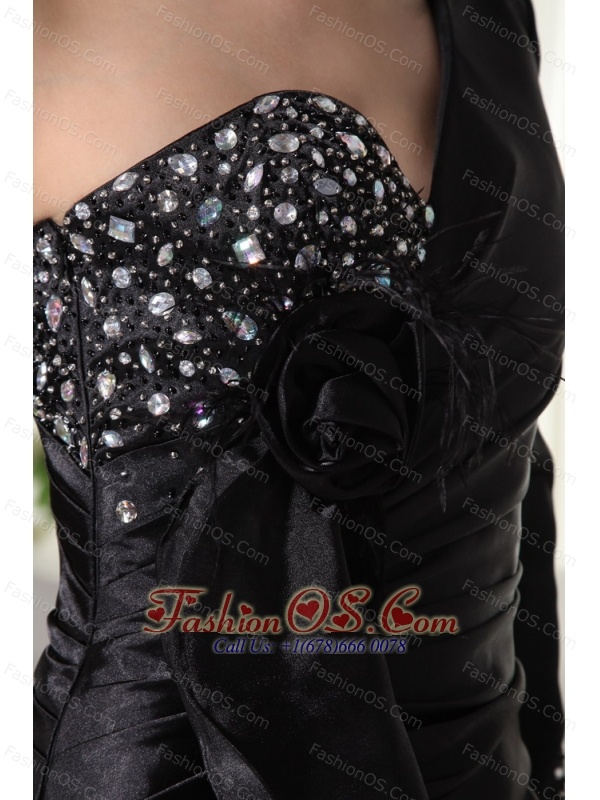 Beading Taffeta One Shoulder Mini-length Column / Sheath Black Prom Dress Long Sleeve