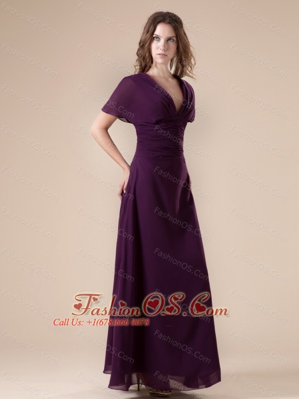 Dark Purple Mother Of The Bride Dress Column Short Sleeves Chiffon Ruch