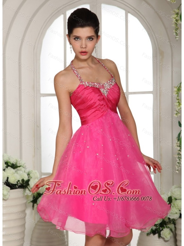 Hot Pink Beaded Spaghetti Straps Halter Prom Dress Knee-length