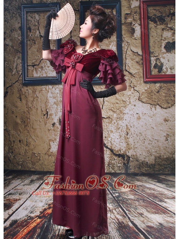 Modest V-neck 1/2 Sleeves Burgundy 2013 Mother of the Bride Dress With Hand Made Flowers