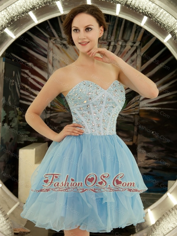 Sweetheart Organza Beaded Decorate Bodice Mini-length A-line Light Blue Cocktail Prom Gowns